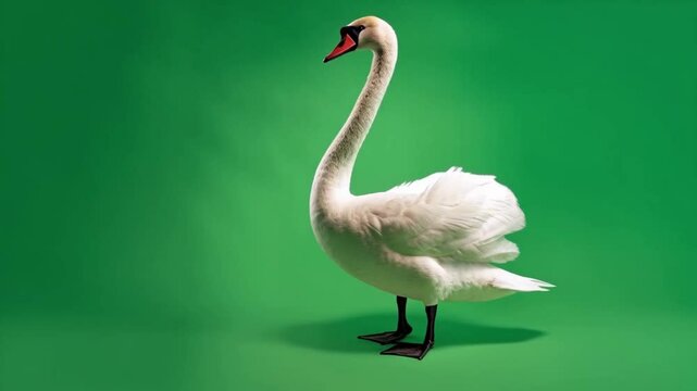 A white swan strides confidently across a vibrant green backdrop in a studio setting gracefully green screen bird video