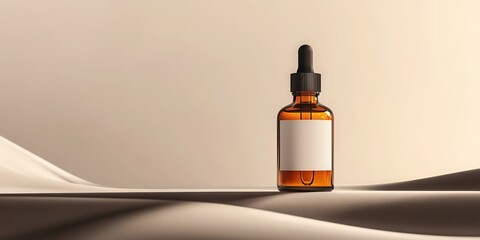 3D rendering of a blank white label on an amber glass dropper bottle mockup on a light gray background.