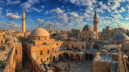 Naklejka premium Golden Hour Panorama of a Middle Eastern City with Mosques