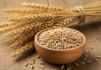 Close-up of raw wheat grains in a bowl, complemented by golden wheat ears on wood