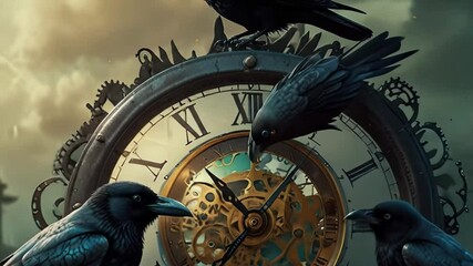 Three ravens sit on a large steampunk clock which features intricate gears in a dimly lit enigmatic setting filled with fog and shadows - Powered by Adobe