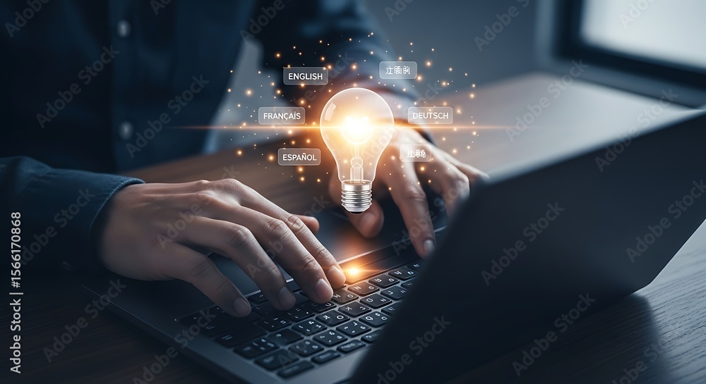 Poster illumination of multilingual intellect warm glowing bulb floating above hands typing on laptop creat