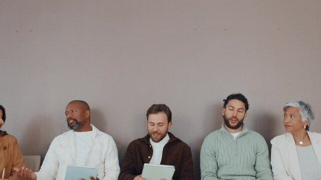 Talk, group or applicant with tablet, waiting room and practice for interview question and process. Row, candidate and people with tech for recruitment, conversation and planning for meeting at space