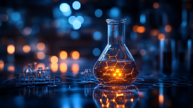 Glowing laboratory flask with hexagonal patterns, surrounded by scientific equipment and vibrant lighting