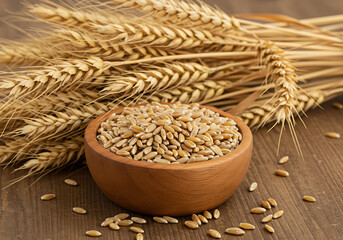 Rustic wooden bowl filled with golden wheat grains, surrounded by dry wheat stalks
