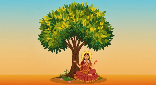 Flat illustration of Radha under the Kadamba tree