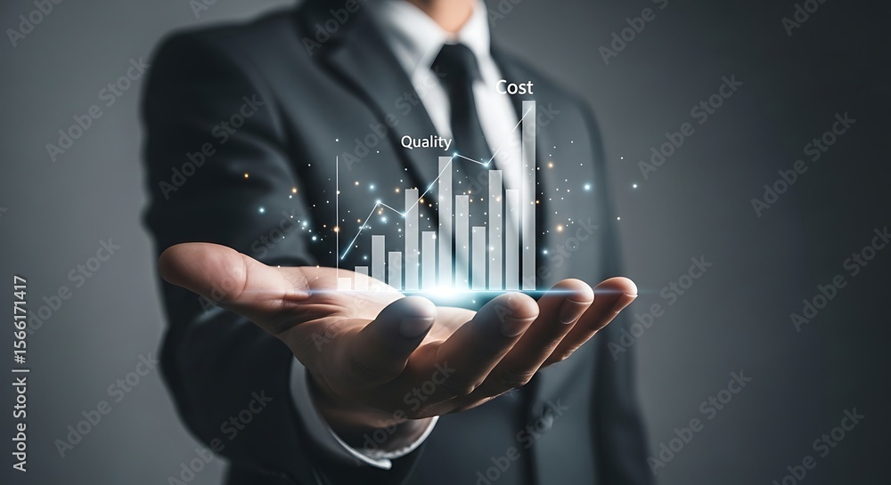 Aufkleber sleek executive presents shimmering graph hovering over palm balancing cost quality in a dynamic vis