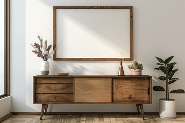 High Resolution Visual of Blank Picture Frame Mockups Wood Furniture Sideboard