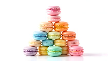 Artistic macaron stack, 3D stack in geometric formation, pastel-colored macarons arranged in a triangular prism