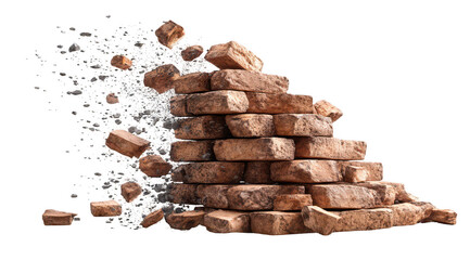 Brick wall crumbling, debris flying