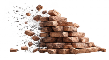 Brick wall crumbling, debris flying