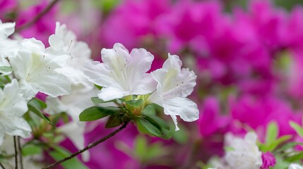 Fototapeta premium Closeup shows white azalea blossoms set against a vibrant backdrop of pink blooms