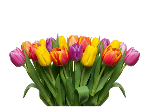 A vibrant bouquet of multi colored tulips arranged in a semi circle isolated on transparent background