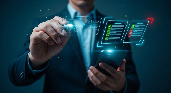 Modern executive in a suit with neon checklists and a smartphone navigating complex data in a futuristic teal lit