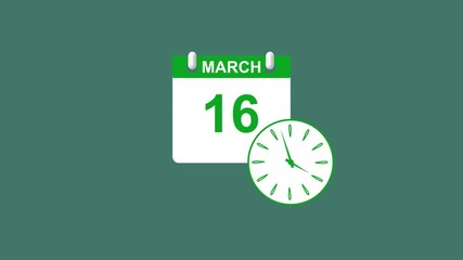 March month 16 date calendar icon clock lime green color animation 4k video.