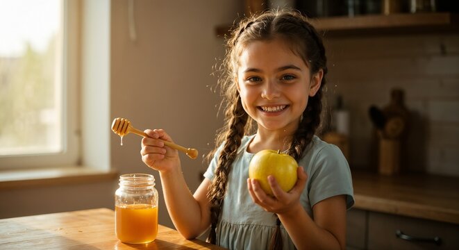 Young girl smiling while holding apple and honey in kitchen  