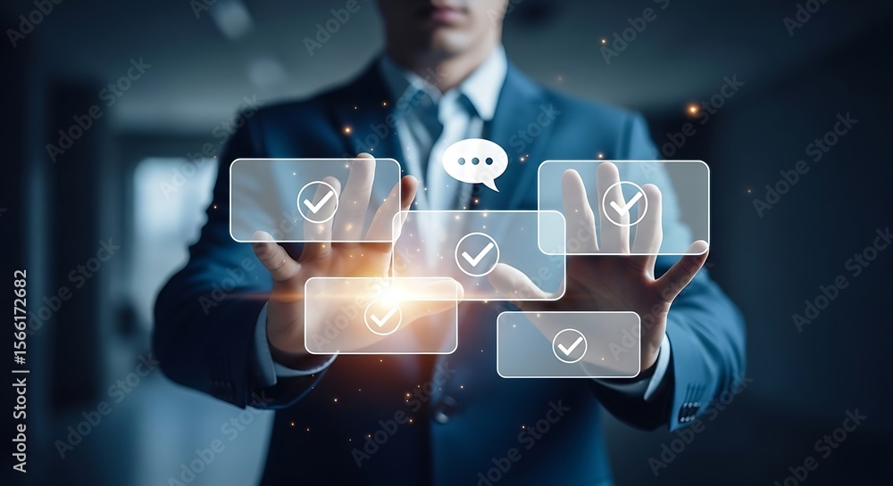Poster azure suited man in blurred hall hands aglow touching floating checkmarks a digital future shimmerin