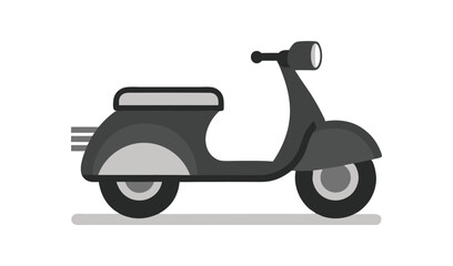 A sleek modern dark gray scooter is depicted in a clean minimalist flat design illustration on a white background