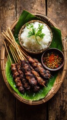 Delicious moo ping pork skewers with rice and spicy sauce on banana leaf