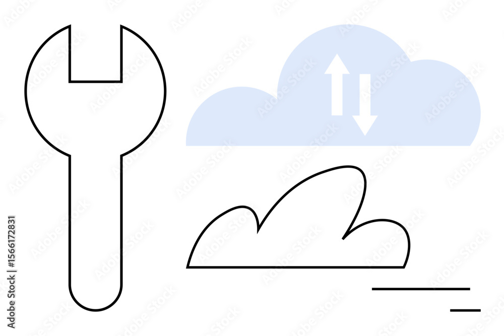 Poster wrench next to clouds with arrows indicating data transfer. ideal for cloud computing, data manageme
