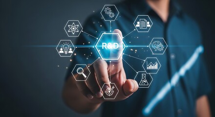 Ethereal glow highlights the R D concept a finger softly touches the luminous icon innovations sparkles in a rich indigo