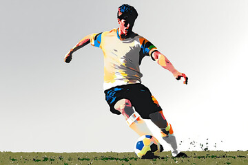 a soccer player in action, kicking a ball on a grassy field