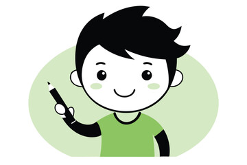 Happy left handed boy holding a pen and smiling isolated on white background