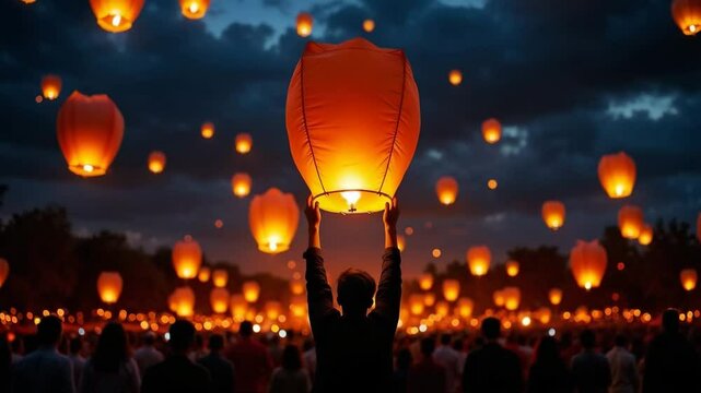 Glowing lanterns ascending into night sky behind silhouetted crowd. Person releases illuminated sky lantern at night festival. Many glowing lanterns rise into dark sky creating magical atmosphere.