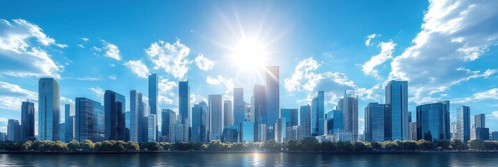 Fototapeta premium A bright sunny day over a modern city skyline with high-rise buildings reflected in the calm water below.
