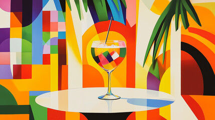 A vibrant cocktail with geometric shapes, ideal for digital design and artistic projects. An artistic illustration of a drink in a glass, presented on a modern, colorful geometric background.