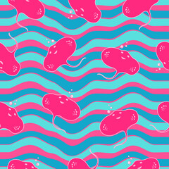 Vector seamless pattern with stingray and sea animals.