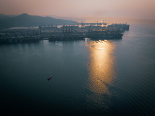 Shenzhen ,China - Jul 29,2022: Aerial view of ship sailing to Yantian international container...