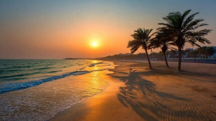Golden Sunset Over a Tropical Beach with Palm Trees