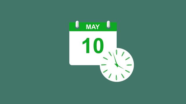 May month 10 date calendar icon clock lime green color animation 4k video. 