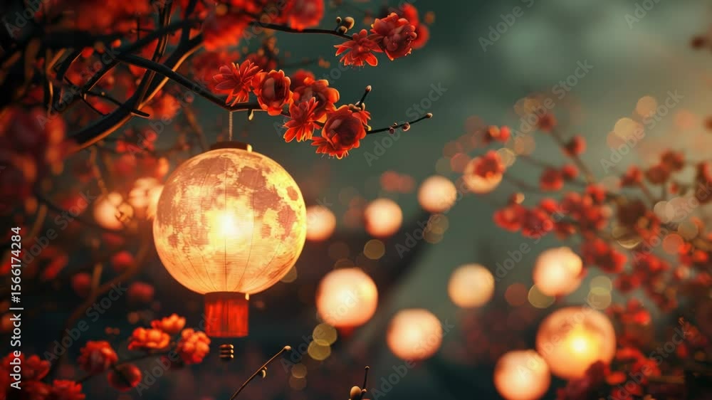 Aufkleber A lantern hangs from a tree branch surrounded by vibrant red flowers