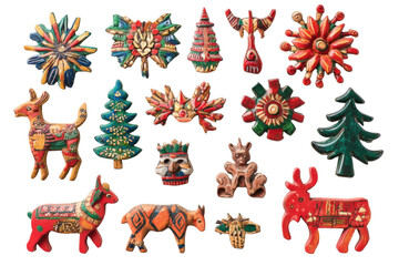 Hand-painted Wooden Ornaments Collection: A vibrant collection of hand-painted wooden ornaments, showcasing diverse festive motifs including animals, trees, and floral designs. ,on transparent.