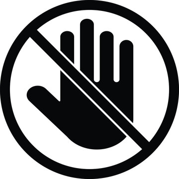 Dont stop sign. Pforbidden sign. Hand prohibit. Forbidden access. Symbol ban entry. black circle and black palm isolated on white background. Halt warning pictogram. Vector illustration
