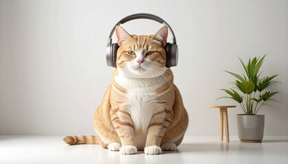 ヘッドホンを付けて音楽を聴いている猫