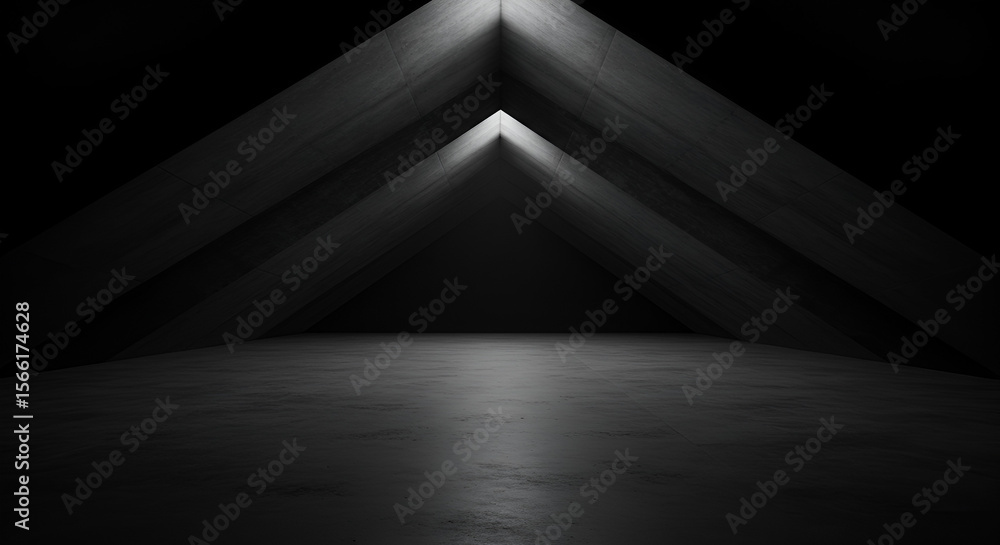 Poster dark minimalist concrete hall with triangular architecture and bright light source