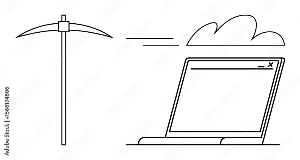 Poster pickaxe, laptop with open browser window, and cloud symbolizing digital mining, technology integrati