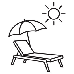 Simple black line art of a beach lounge chair and umbrella under a sun.