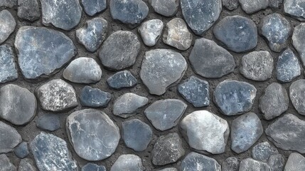 Close-up of irregular, smooth gray stones tightly arranged in a natural stone wall pattern.