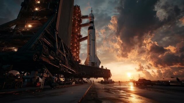 low angle view of a space rocket standing on the launch pad at sunset, engineers in safety gear inspecting the base, cinematic golden light