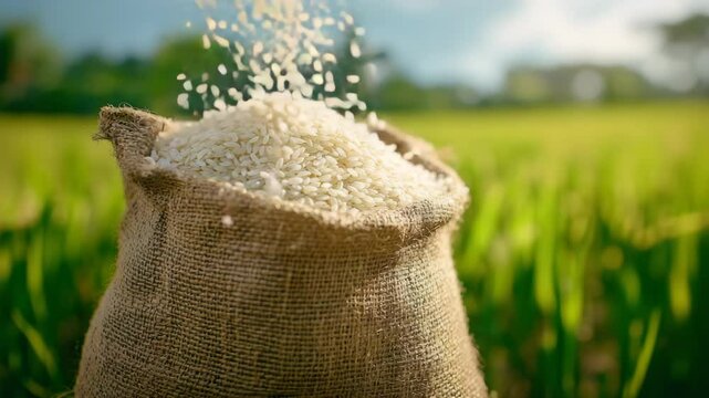 Rice grain falling into burlap sack full of white rice green field blue sky natural organic agriculture harvest food crop fresh produce healthy raw pile outdoor environment sunlight plant growth