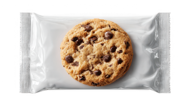 Cookie with chocolate chips in plastic wrapper for mockup isolated on transparent background