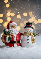 Fototapeta premium Santa Claus and Snowman Figurines in Snowy Christmas Scene