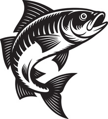 Powerful Black and White Fish Illustration Leaping Aquatic Animal Design