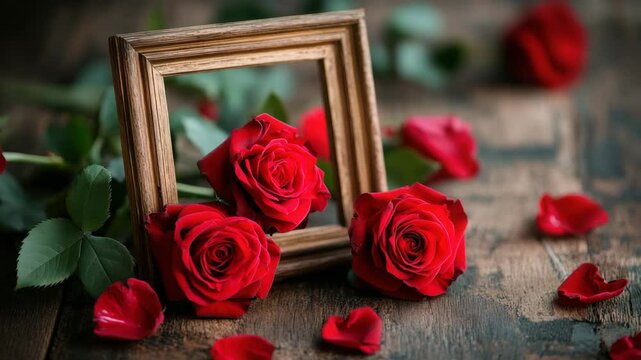 Red rose flower with green leaf and wooden frame rustic wooden table with scattered rose petals creating romantic and elegant floral arrangement for love and celebration vintage nature beauty closeup