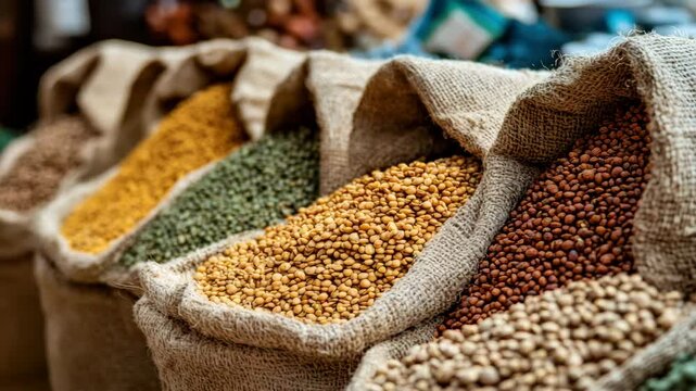 Colorful dry lentil and bean varieties in burlap sacks at market showcasing natural texture vibrant tones warm inviting atmosphere organic food display with diverse sack textures