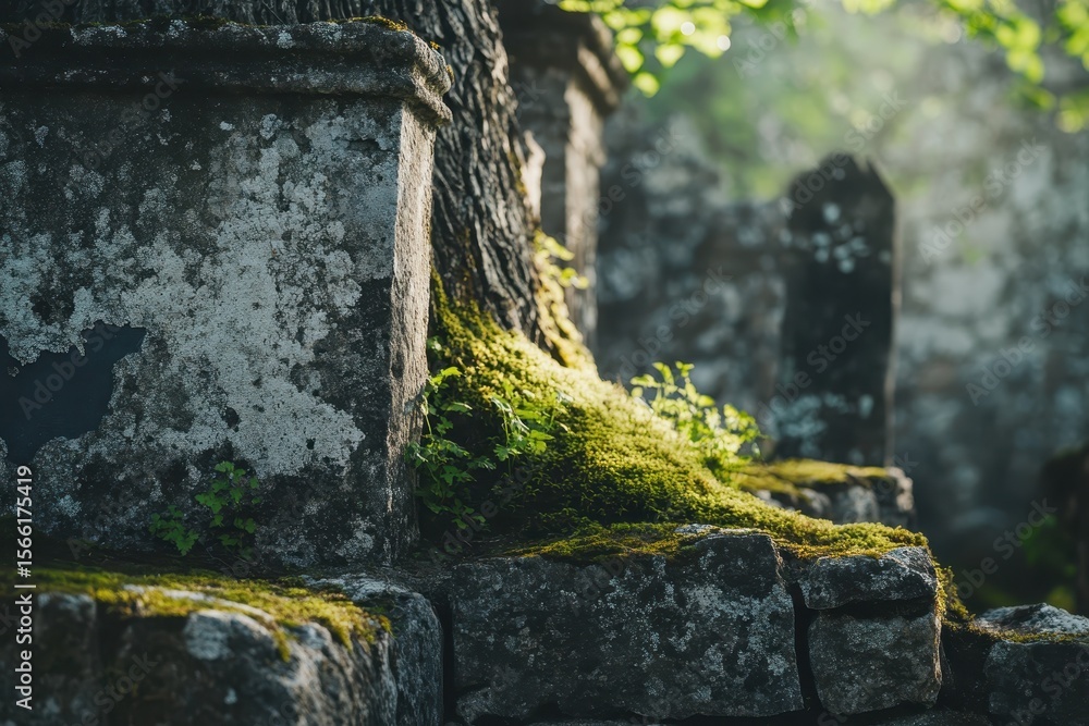 Poster ruined stone structure entwined with an old tree and covered in moss illuminated by soft sunlight, r